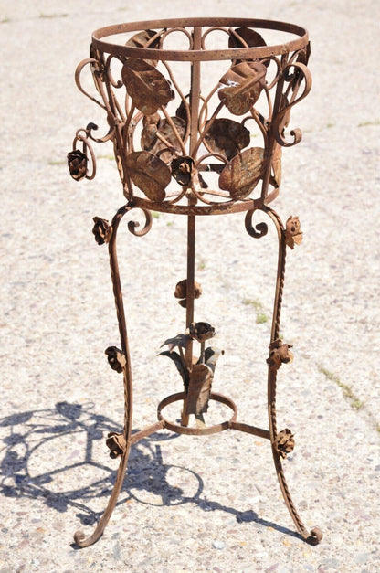 Vtg French Art Nouveau Wrought Iron Leaf Vine Garden Planter Pot Flower Stand