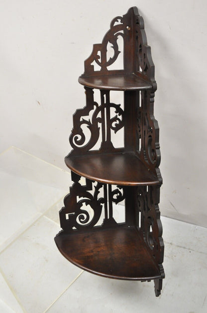 Victorian Walnut 3 Tier Carved Knick Knack Corner Whatnot Wall Shelf Curio