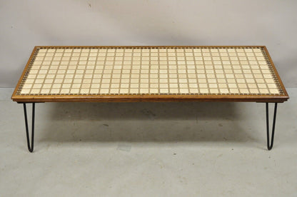 Vintage Mid Century Modern Beige Tile Top 51" Coffee Table w/ Iron Hairpin Legs