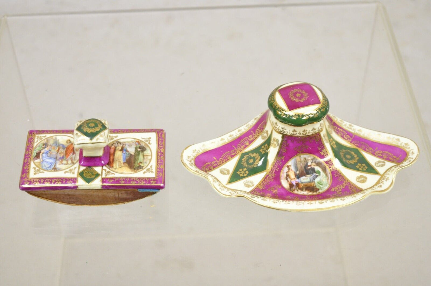 Antique Old Vienna Paris Porcelain Inkwell and Ink Blotter Desk Set -  2 Pc Set