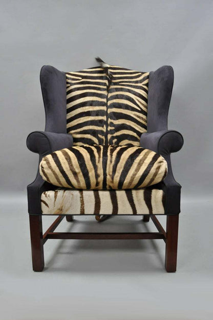 Zebra Hide Blue Suede Mahogany English Georgian Style Wingback Library Chair