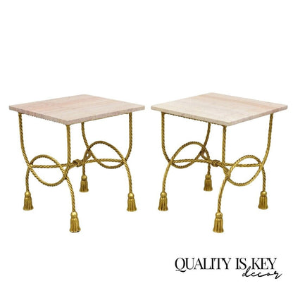 Italian Hollywood Regency Gold Iron Rope Tassel Pink Marble Top Side Table Pair