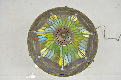 Tiffany Style Bronze and Leaded Stained Glass Blue Eye Dragonfly Table Lamp