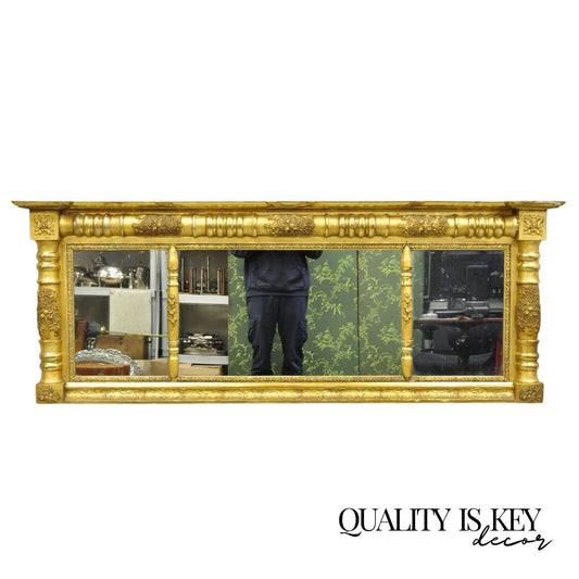 Antique American Federal Gold Giltwood Overmantle 66" Triple Mirror