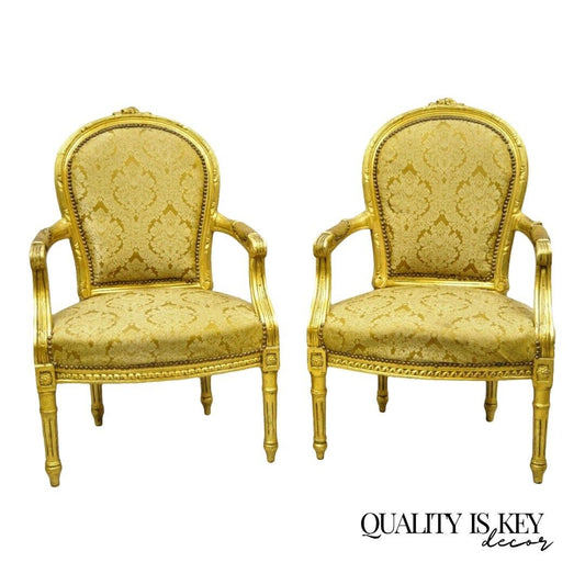 Vintage French Louis XVI Gold Leaf Balloon Back Fauteuil Arm Chairs - a Pair