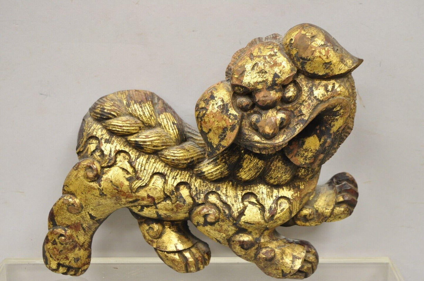 Vintage Carved Wood Gold Gilt Chinese Foo Dog Figurines - a Pair