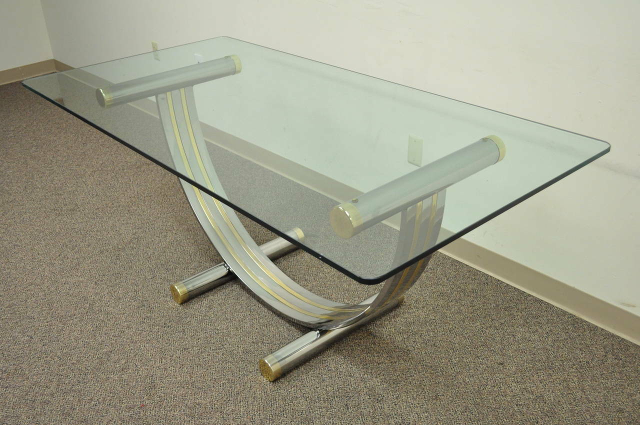 Mid Century Modern Romeo Rega Style Chrome Brass and Glass Arch Dining Table