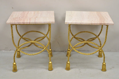 Italian Hollywood Regency Gold Iron Rope Tassel Pink Marble Top Side Table Pair