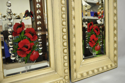 Antique Victorian Bubble Glass Oak Wood Frame Butterfly Flower Mirror - a Pair