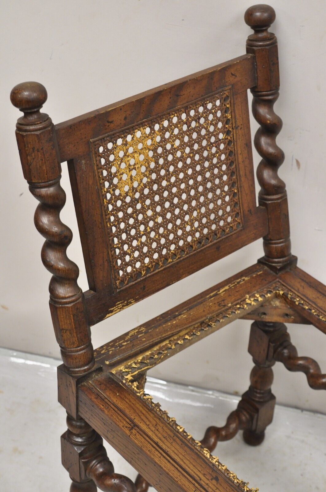 Vintage Oak Jacobean Style Barley Twist Stretchers 6 Leg Cane Window Bench