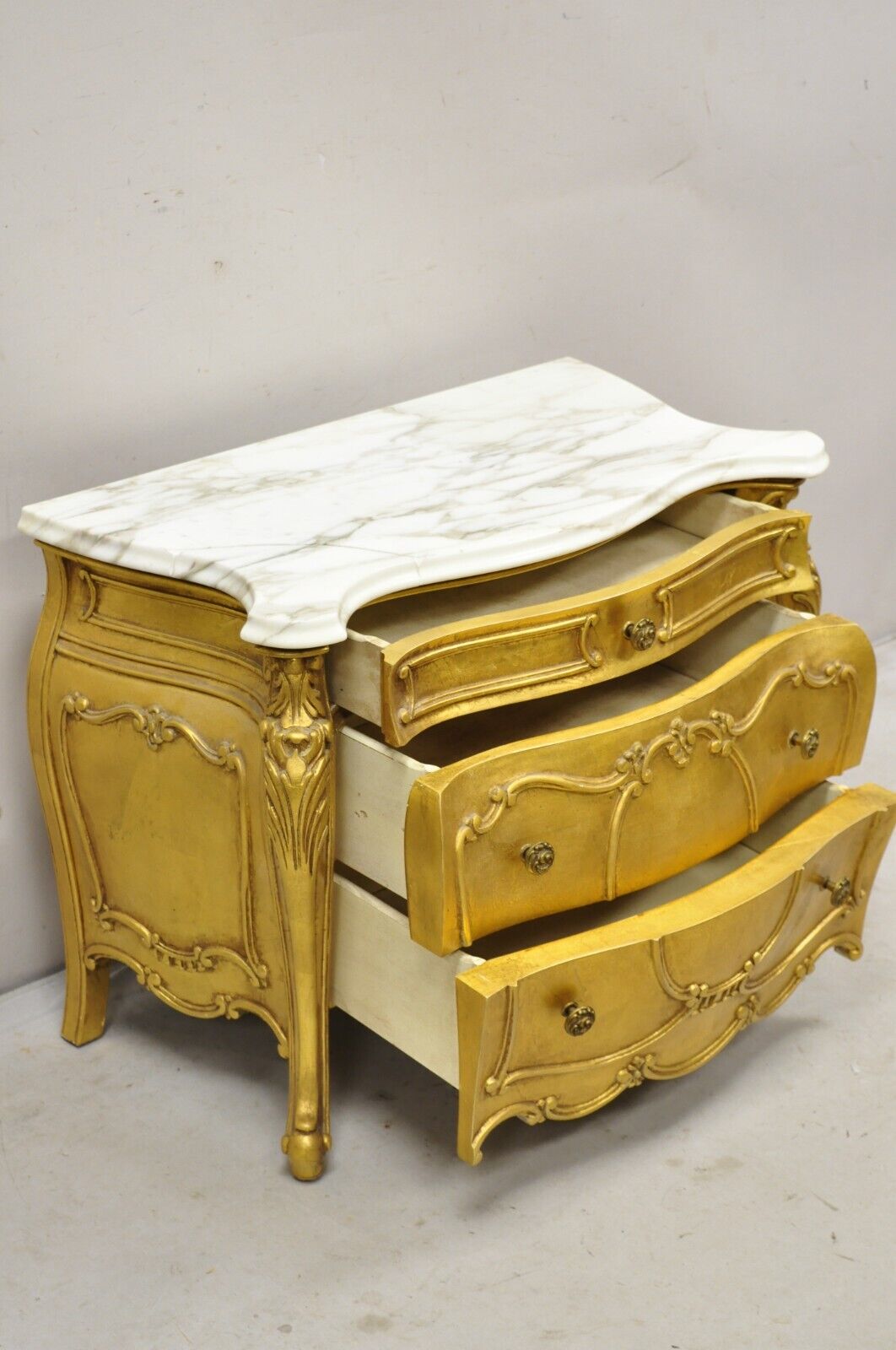 Vintage Daniel Jones French Louis XV Style Gold Bombe Marble Top Nightstand