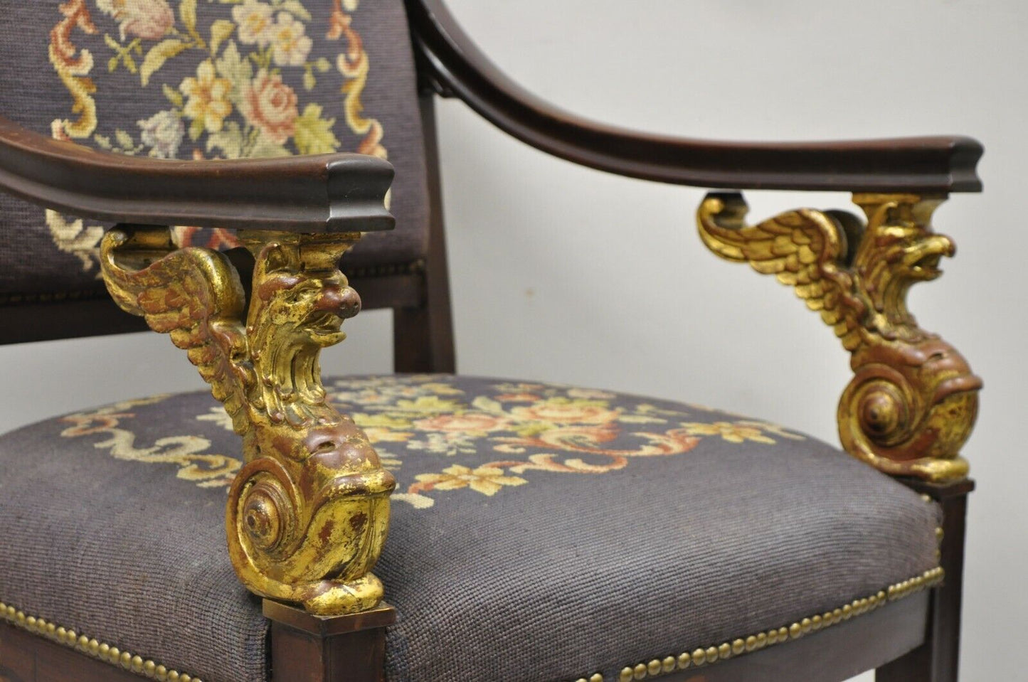 Antique French Empire Giltwood Winged Griffin Needlepoint Inlay Parlor Arm Chair