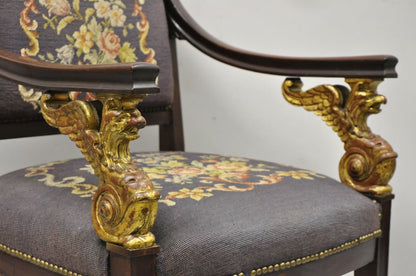 Antique French Empire Giltwood Winged Griffin Needlepoint Inlay Parlor Arm Chair