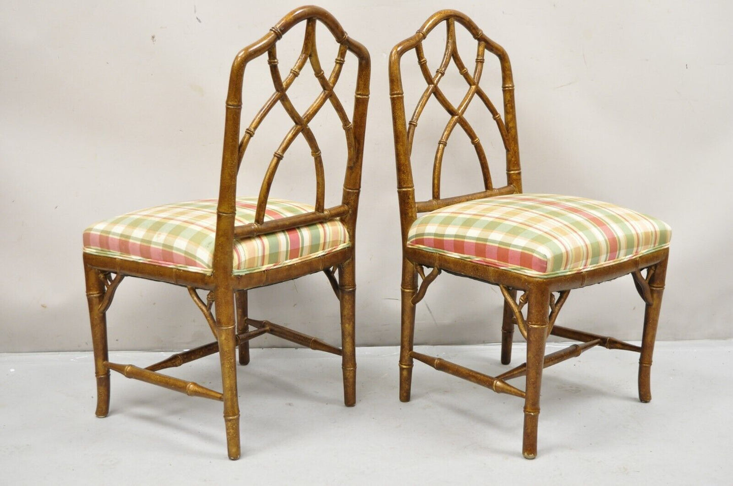 Vintage Chinese Chippendale Faux Bamboo Gold Gilt Hollywood Regency Side Chairs