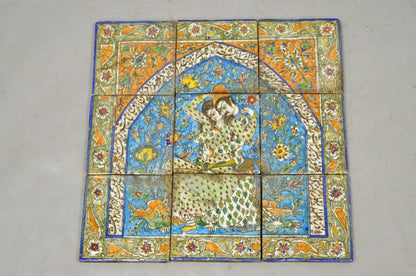 Antique Persian Iznik Qajar Style Ceramic Pottery Tile Man & Woman Mosaic Set C6