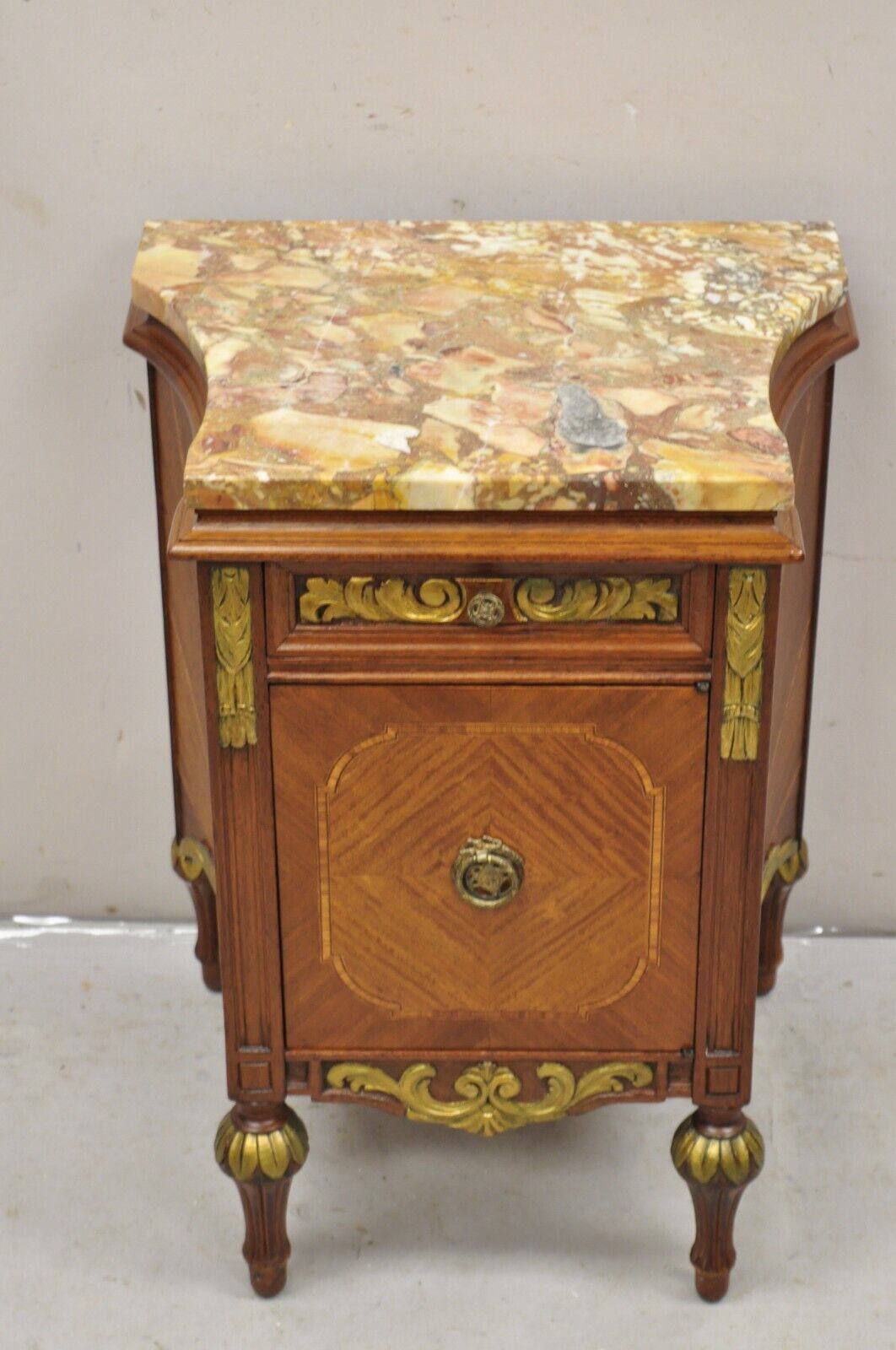 French Louis XVI Style Marble Top Satinwood Inlay Mahogany Nightstands - a Pair