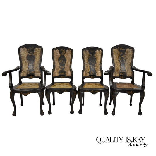 Antique Chinoiserie Queen Anne Hand Painted Floral Cane Dining Chairs - Set of 4