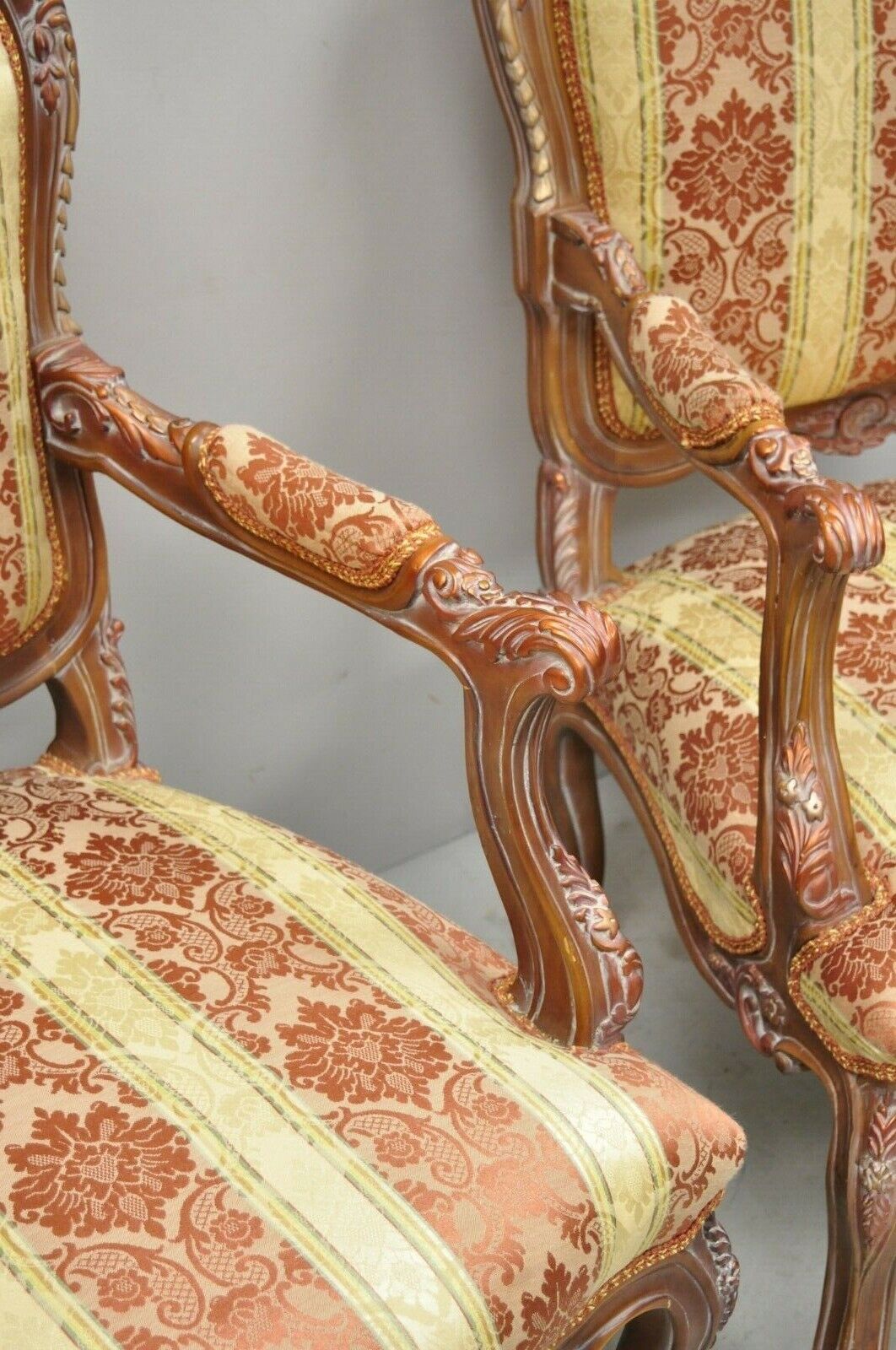 Pair of French Louis XV Style Repro Pink and Gold Bergere Lounge Arm Chairs