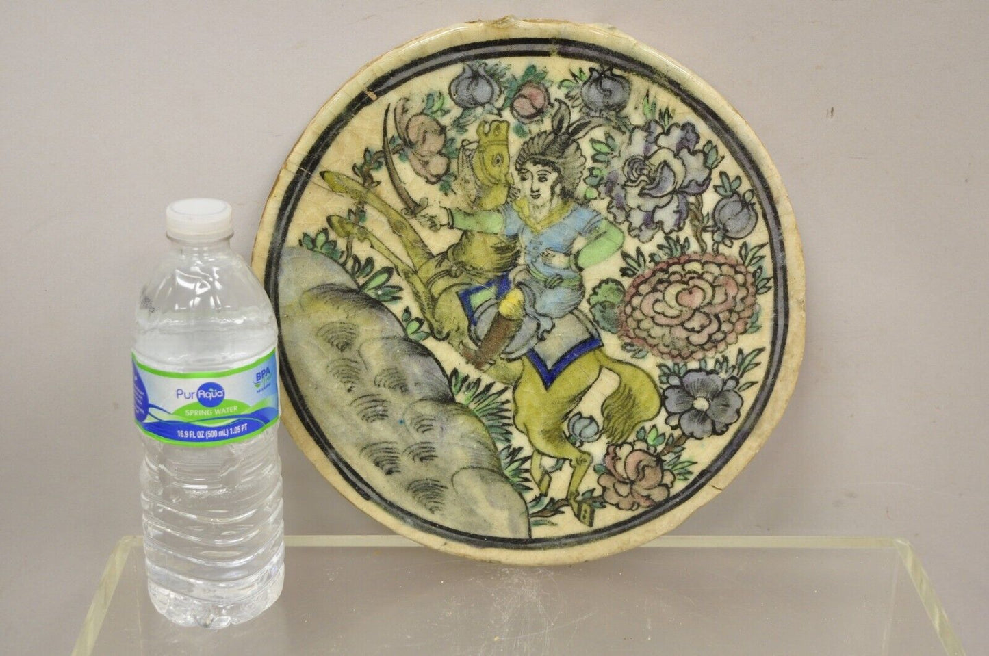 Antique Persian Iznik Qajar Style Ceramic Pottery Round Tile Horse with Rider C4