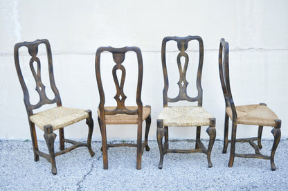 Spanish Rococo Rush Seat Distressed Carved Wood Dining Side Chairs - Set of 4