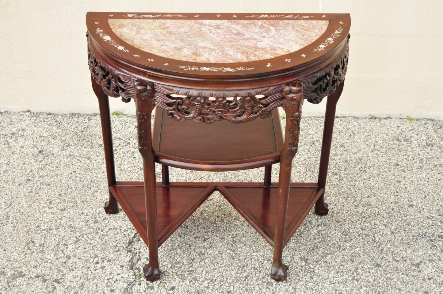 Vintage Oriental Chinese Carved Hardwood Demilune Marble Top Console Table