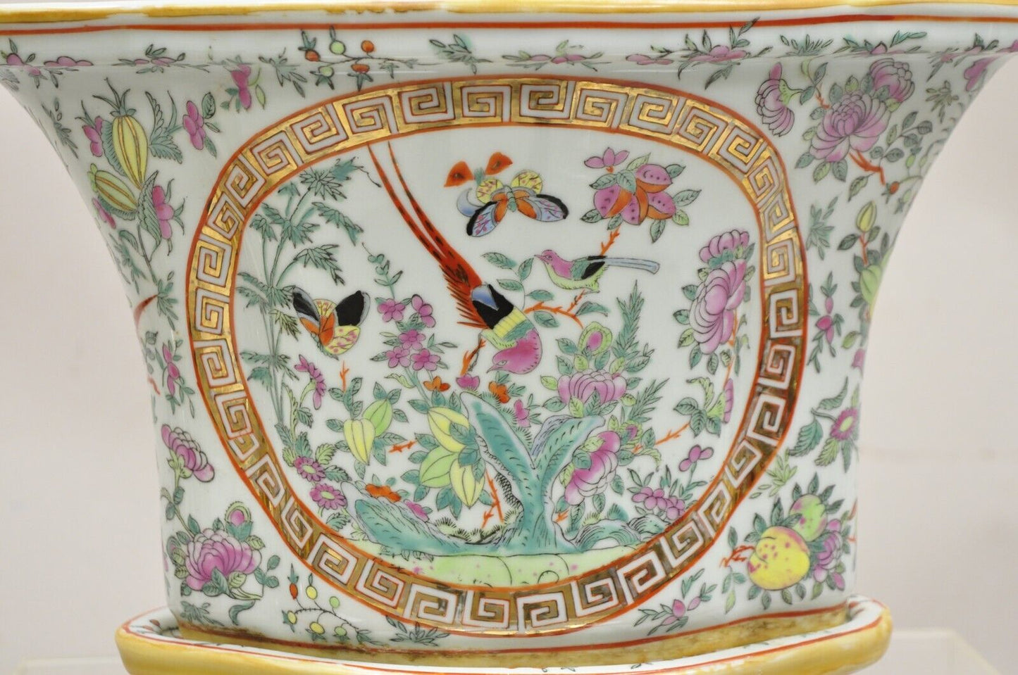 Vintage Chinese Export Porcelain Bird Painted Cachepot Flower Pot - a Pair