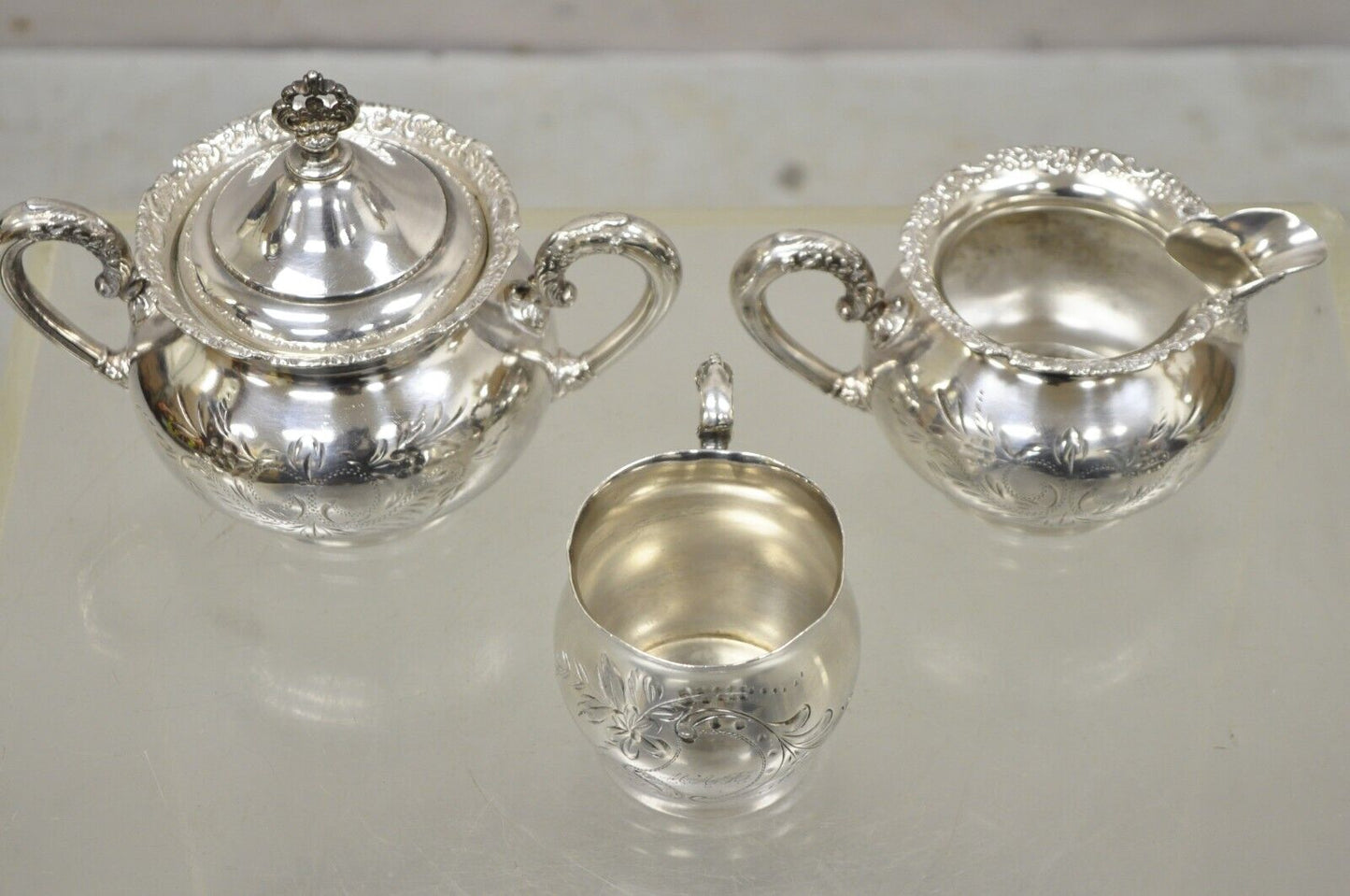 Antique Van Bergh Silver Plate Victorian Tea Serving Set - 3 Pc Set