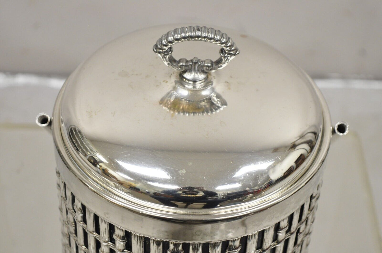 Vintage Hollywood Regency Faux Bamboo Silver Plated Lidded Ice Bucket