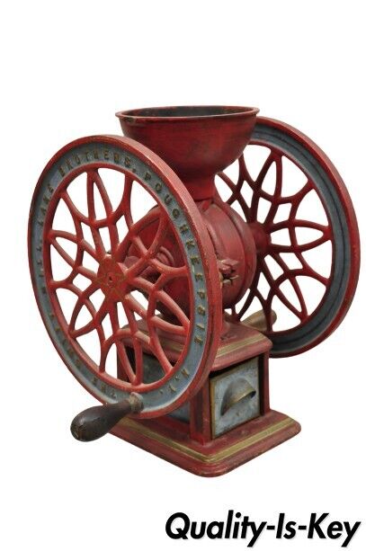 Swift Mill Lane Red & Blue Cast Iron Victorian Coffee Mill Grinder w/ Drawer