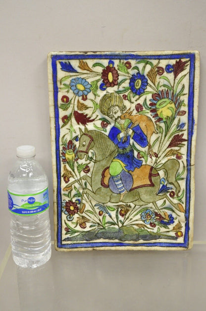 Antique Persian Iznik Qajar Style Ceramic Pottery Tile Horse Rider Hunt Scene C1