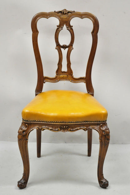 French Louis XV Carved Walnut Cabriole Leg Leather Upholstered Accent Side Chair