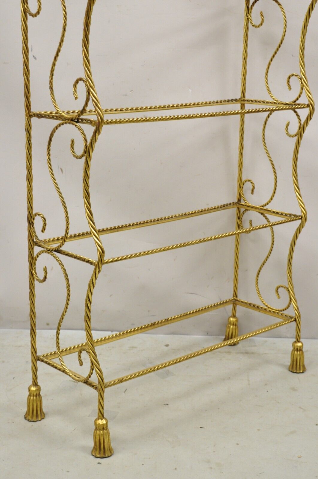 Italian Hollywood Regency Gold Gilt Iron 5 Tier Rope Tassel Etagere Shelf Stand