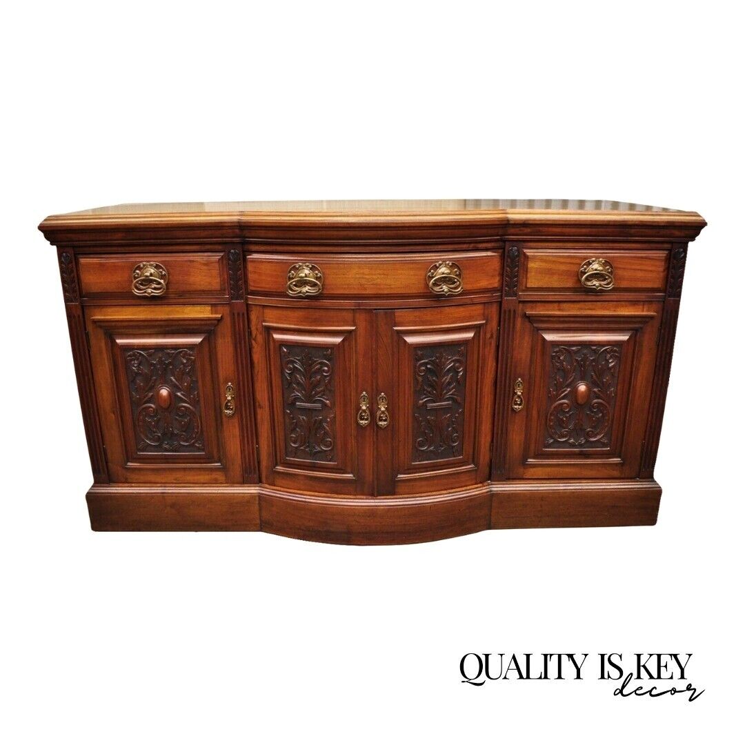 Antique French Renaissance Art Nouveau Mahogany Bowed Front Buffet Sideboard