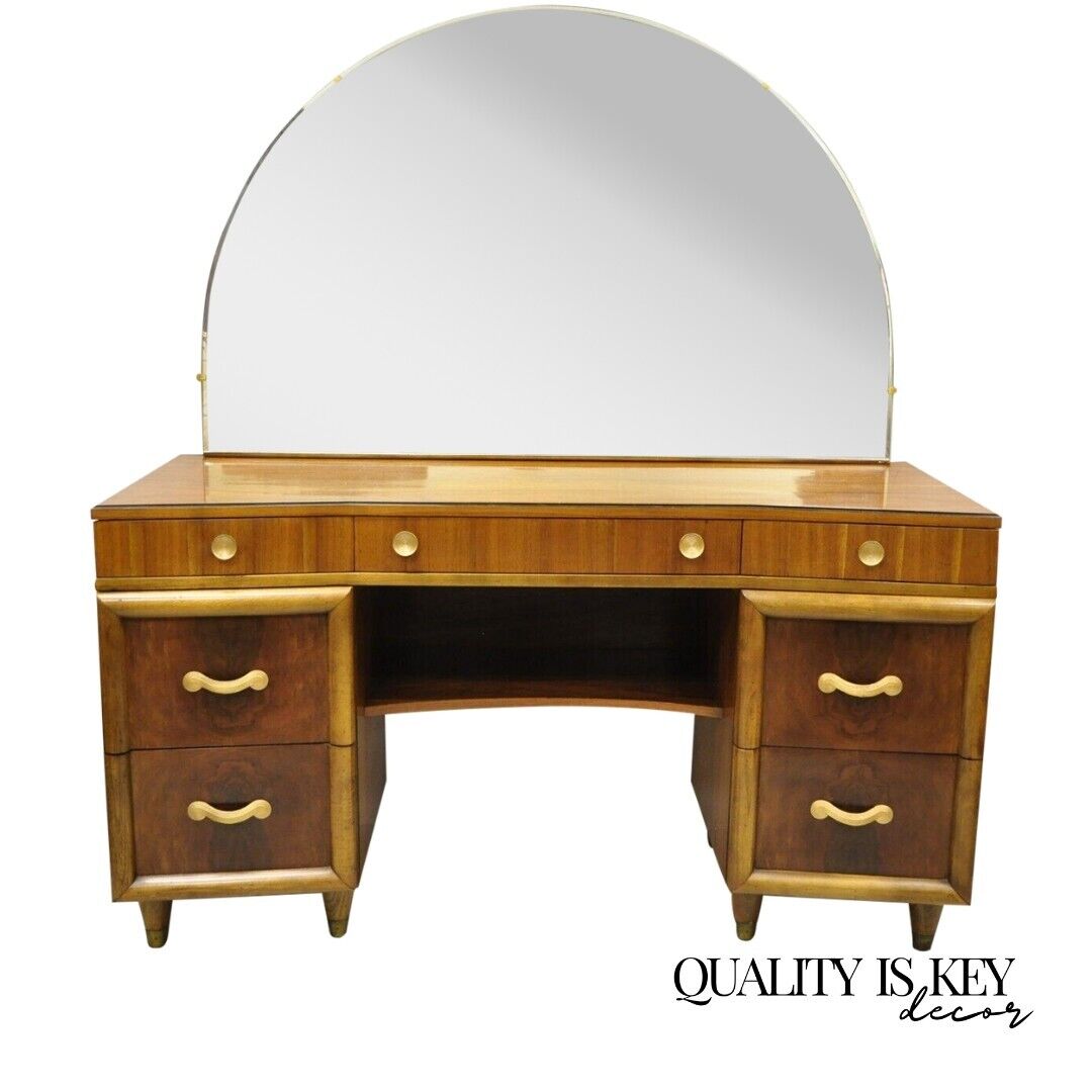 Joerns Bros Art Deco Mid Century Burl Walnut Vanity Table with Mirror