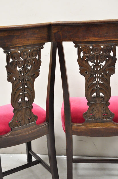 Antique Edwardian Floral Carved Mahogany Red Mohair Dining Chairs - Set of 4