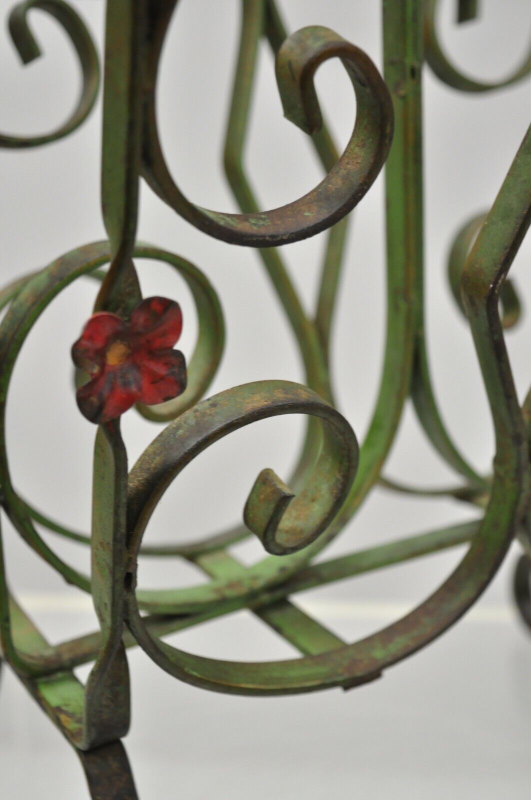 Antique Art Nouveau French Style Wrought Iron Small Green Magazine Rack Flowers