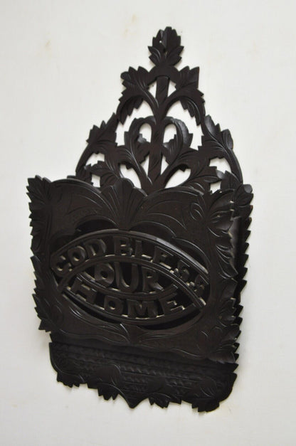 Victorian Black Forest Walnut Wall Pocket Letter Holder "God Bless Our Home"