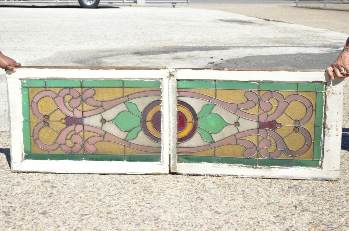 Victorian Leaded Stained Glass Pink Green Red Orange Windows w/ Jewels - a Pair