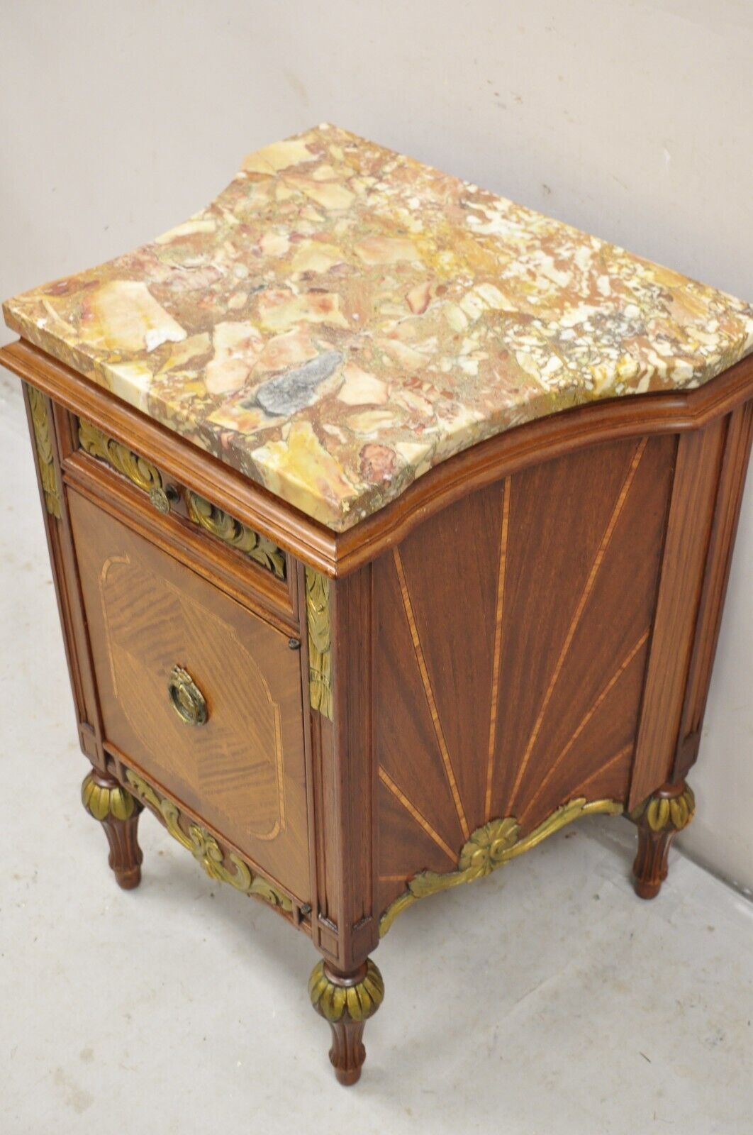 French Louis XVI Style Marble Top Satinwood Inlay Mahogany Nightstands - a Pair