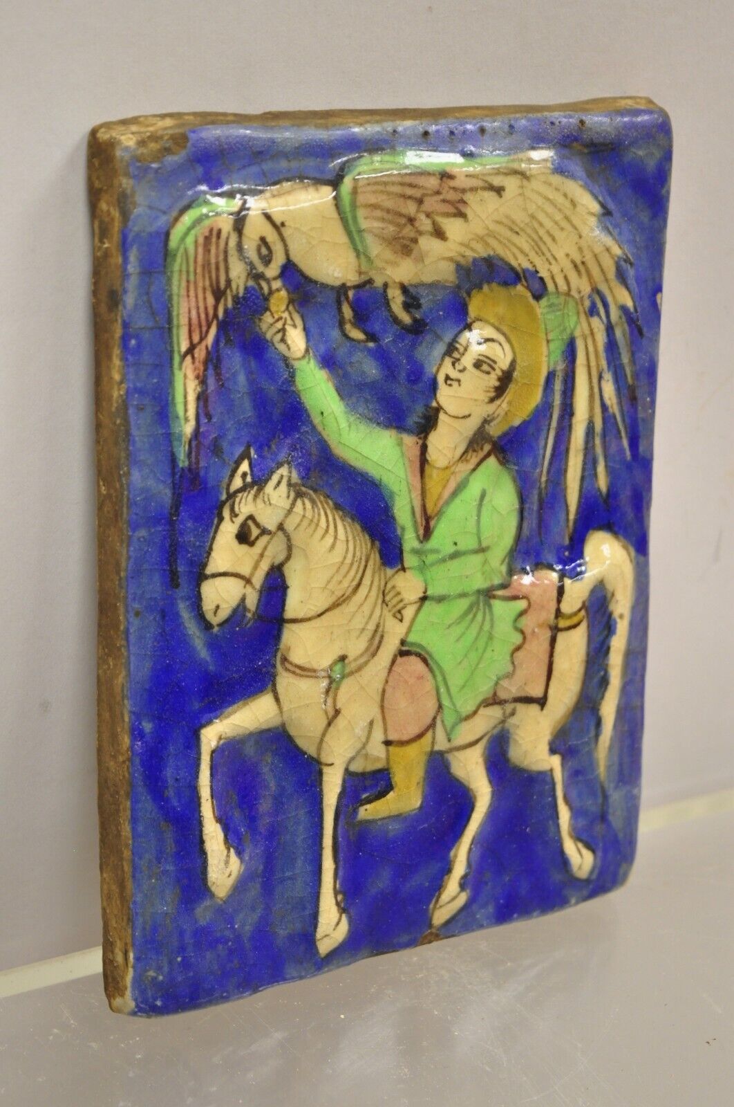 Antique Persian Iznik Qajar Style Ceramic Pottery Tile Green Rider Phoenix C4