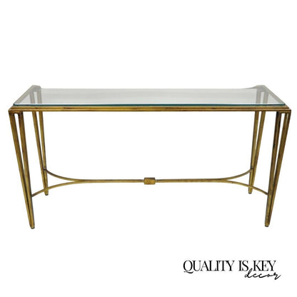 Italian Modern Gold Gilt Heavy Iron Base Glass Top 56" Console Sofa Hall Table