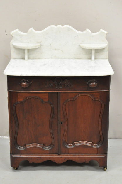 Antique Eastlake Victorian Marble Top Backsplash Walnut Washstand Commode