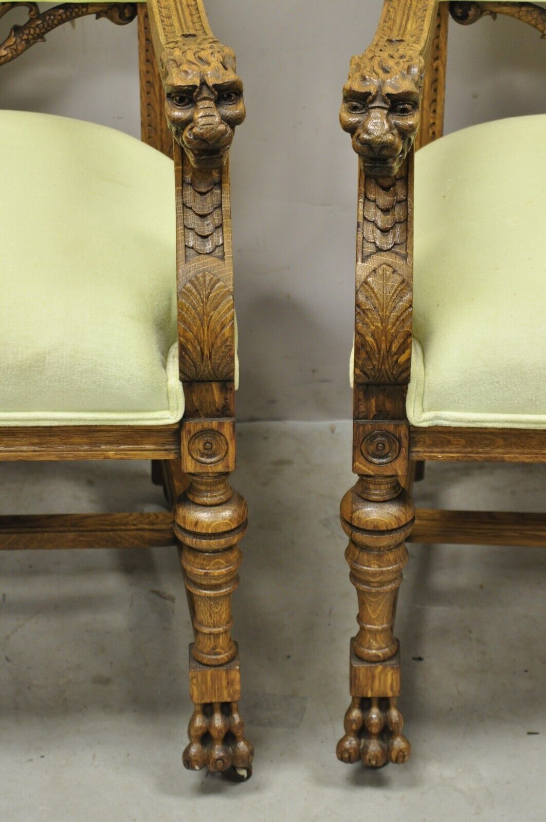 Antique Italian Renaissance Carved Oak Wood Lion Head Paw Feet Arm Chairs - Pair