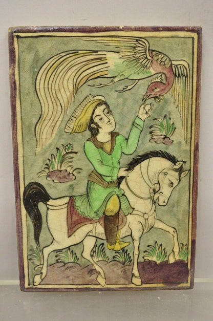 Antique Persian Iznik Qajar Style Ceramic Pottery Tile Green Horse Rider Bird C2