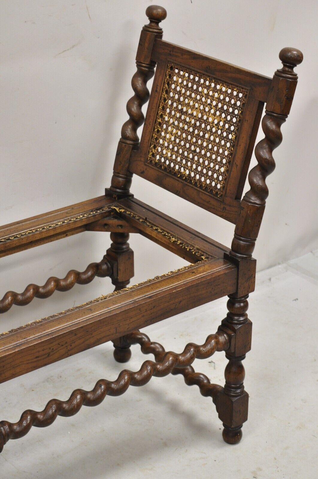 Vintage Oak Jacobean Style Barley Twist Stretchers 6 Leg Cane Window Bench