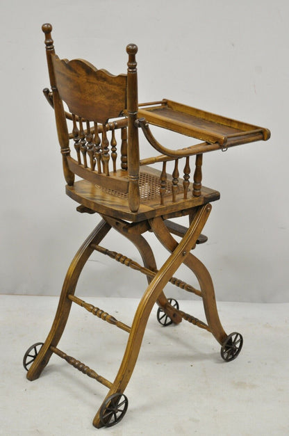 Antique Oak Convertible Pressed Back Victorian High Chair Baby Stroller