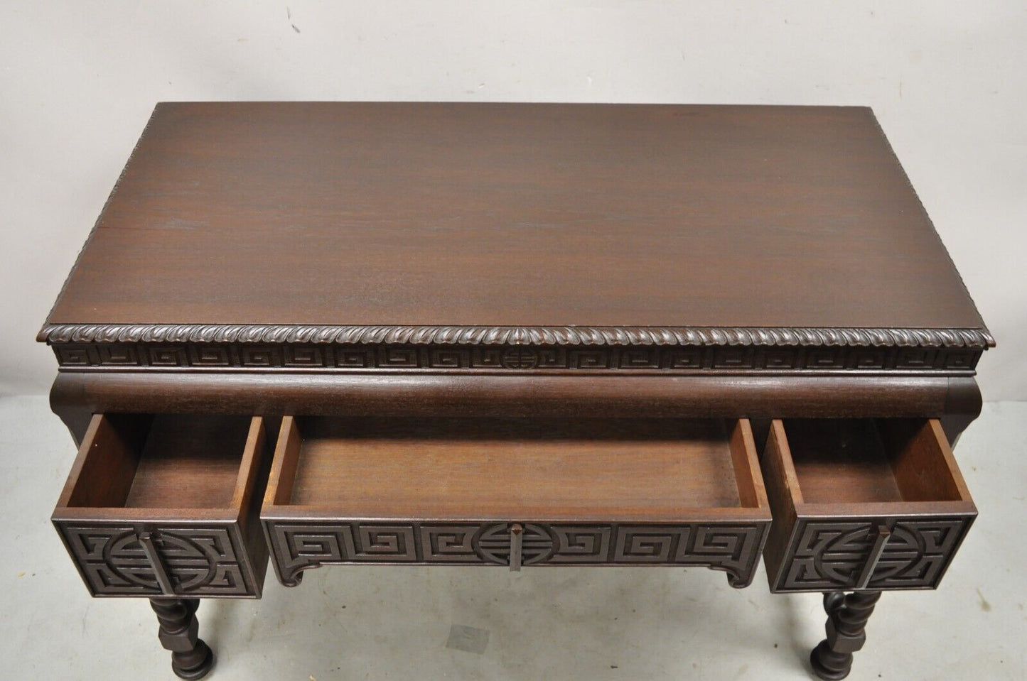 Antique Jacobean William and Mary Greek Key Carved Mahogany 3 Drawer Desk