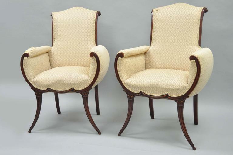 Pair Hollywood Regency French Victorian Mahogany Saber Leg Fireside Arm Chairs