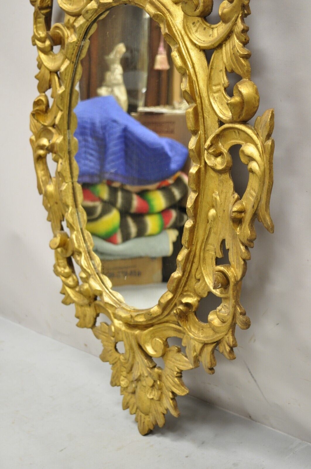 Vintage Italian Carved Wood Gold Gilt French Rococo Style Wall Mirror