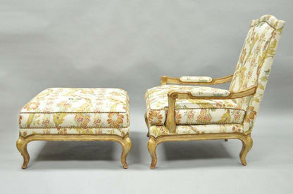 Nancy Corzine French Provincial Louis XV Style Bergere Lounge Chair and Ottoman